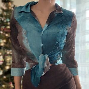 80's Vintage Adolfo Sheer Long Sleeve Floral Beaded Button-Down Shiny Top - S